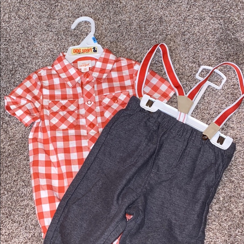 (2piece set) bodysuit and pants with suspenders